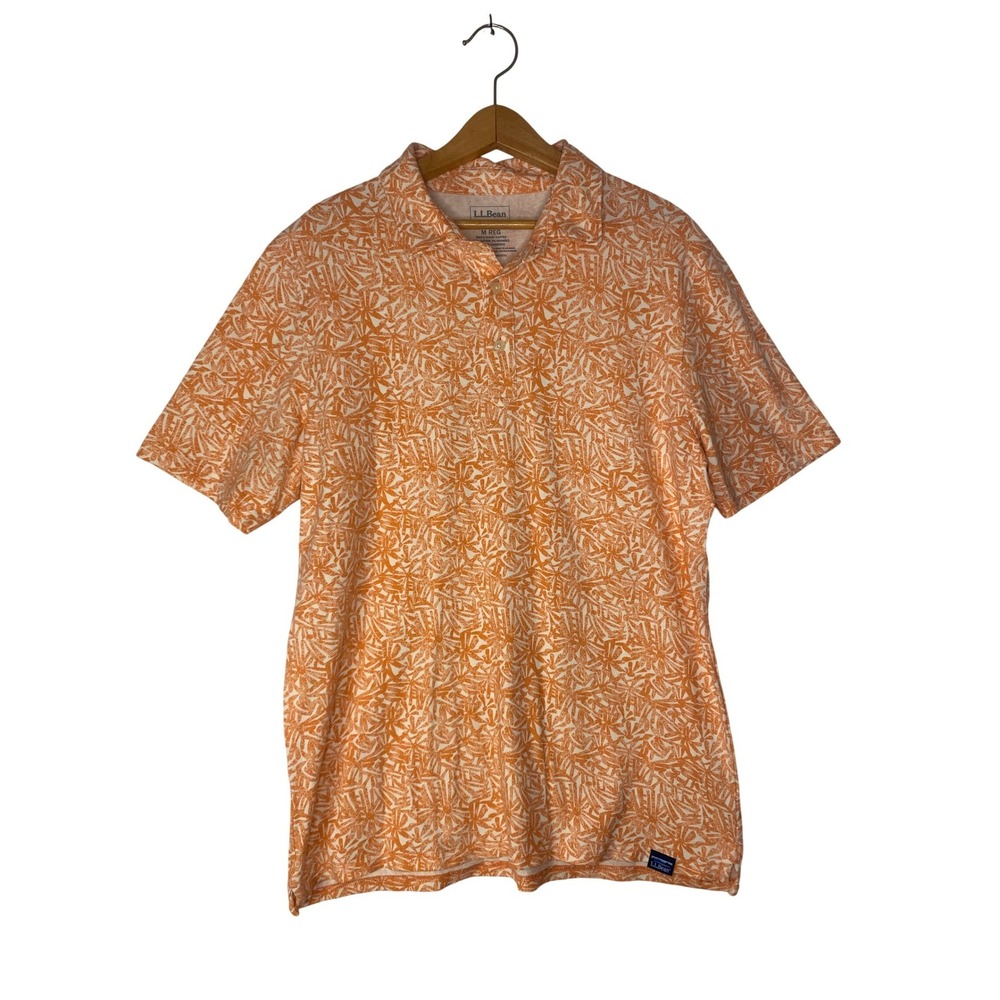 LL Bean Mens Orange White Coral Tropical Print Polo Shirt Med Vacation Cruise